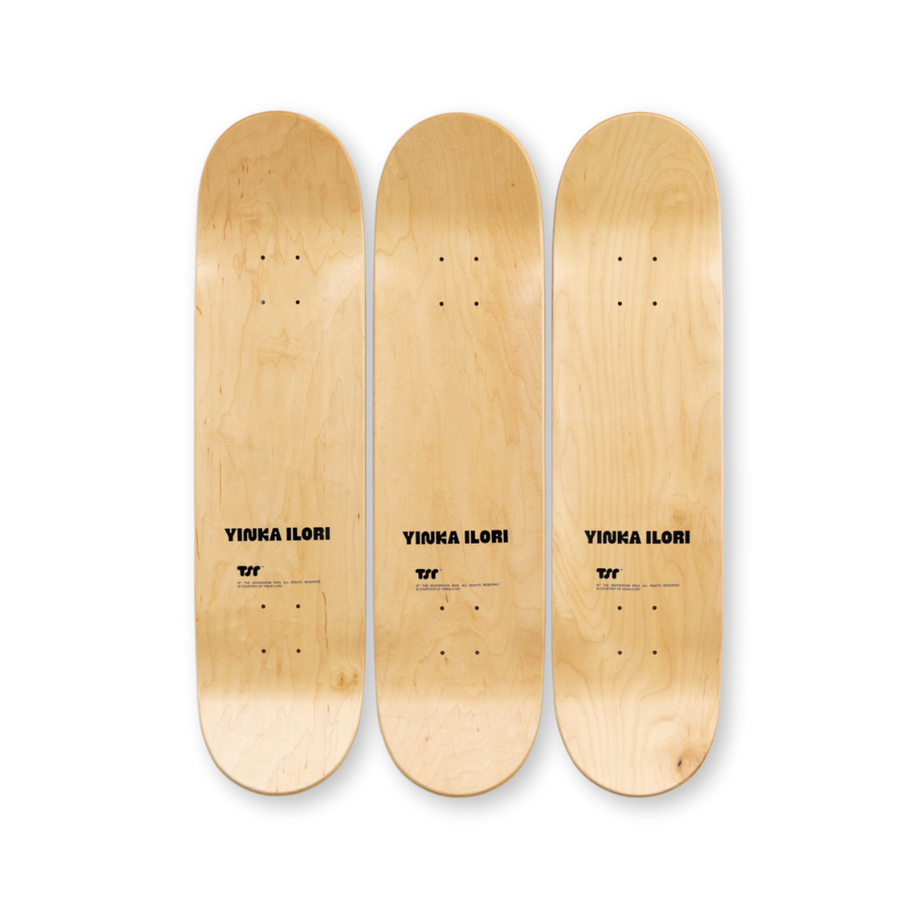 Yinka Ilori's Tryptich You are my world Loving you is easy skateboard art by the skateroom