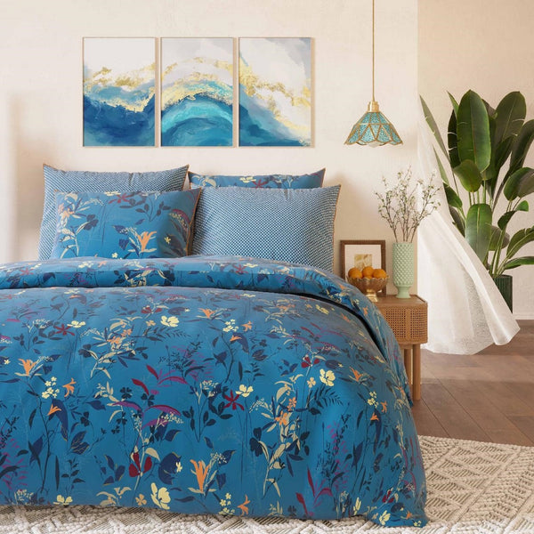 Parure De Couette "Imprimé Double Face" + 2 Taies D'Oreiller Volant Plat Piqué - 100% Percale Pur Coton Peigné 80 Fils/Cm2 - Léa
