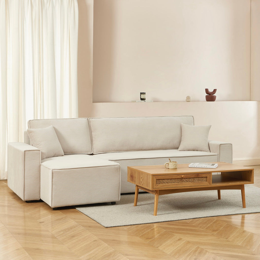 Zola - Canapé D'Angle Convertible Et Réversible 4 Places - Velours Côtelé Beige