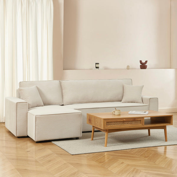 Zola - Canapé D'Angle Convertible Et Réversible 4 Places - Velours Côtelé Beige