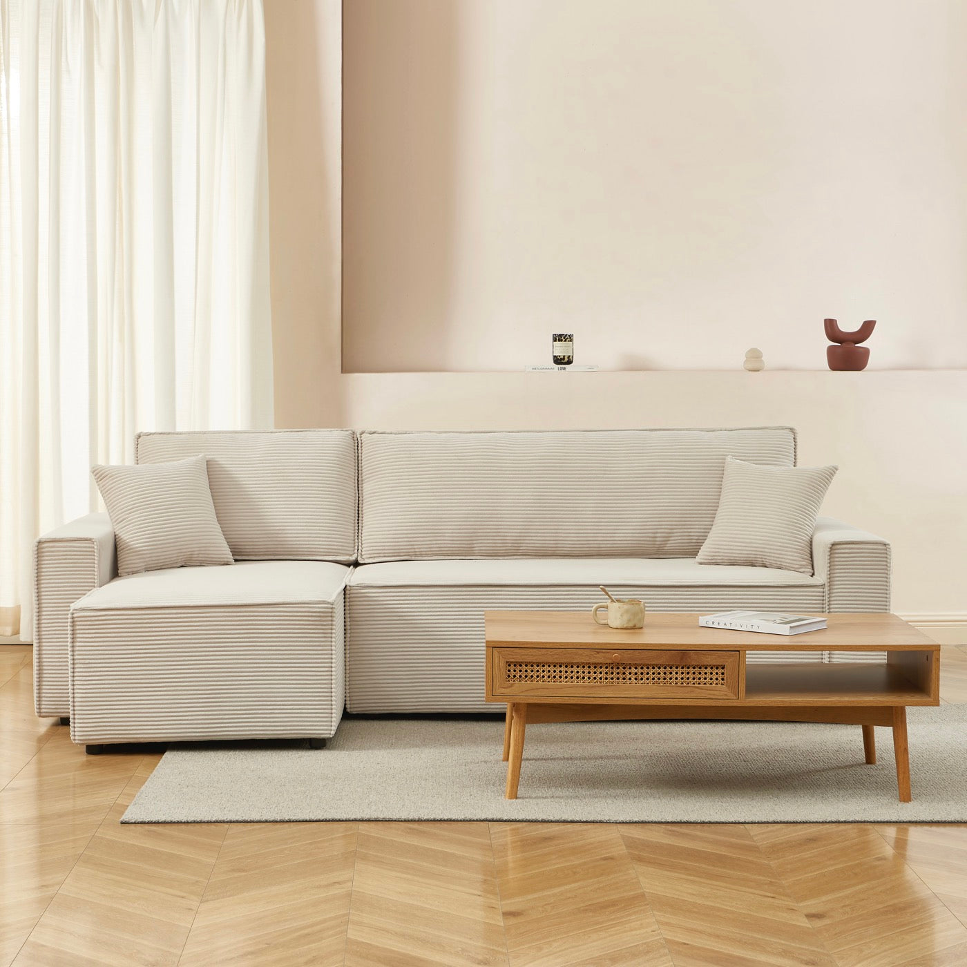 Zola - Canapé D'Angle Convertible Et Réversible 4 Places - Velours Côtelé Beige