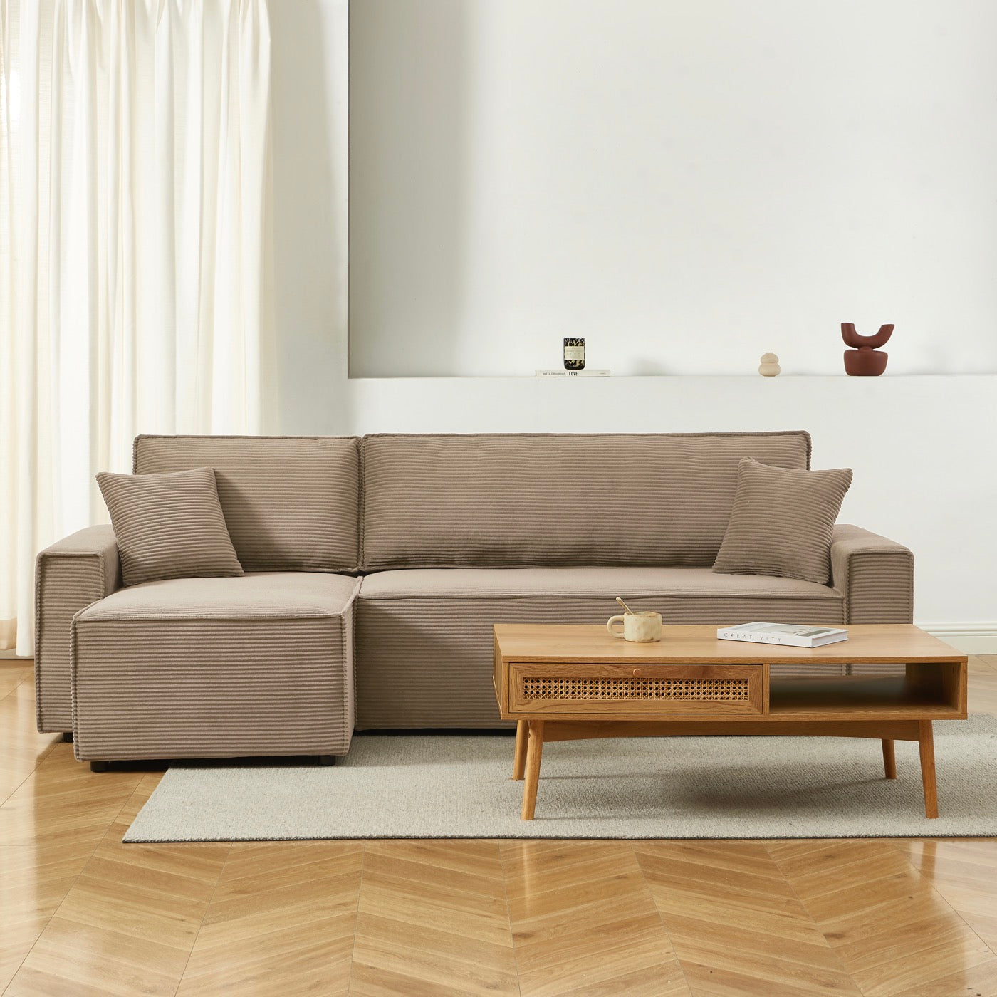 Zola - Canapé D'Angle Convertible Et Réversible 4 Places - Velours Côtelé Taupe