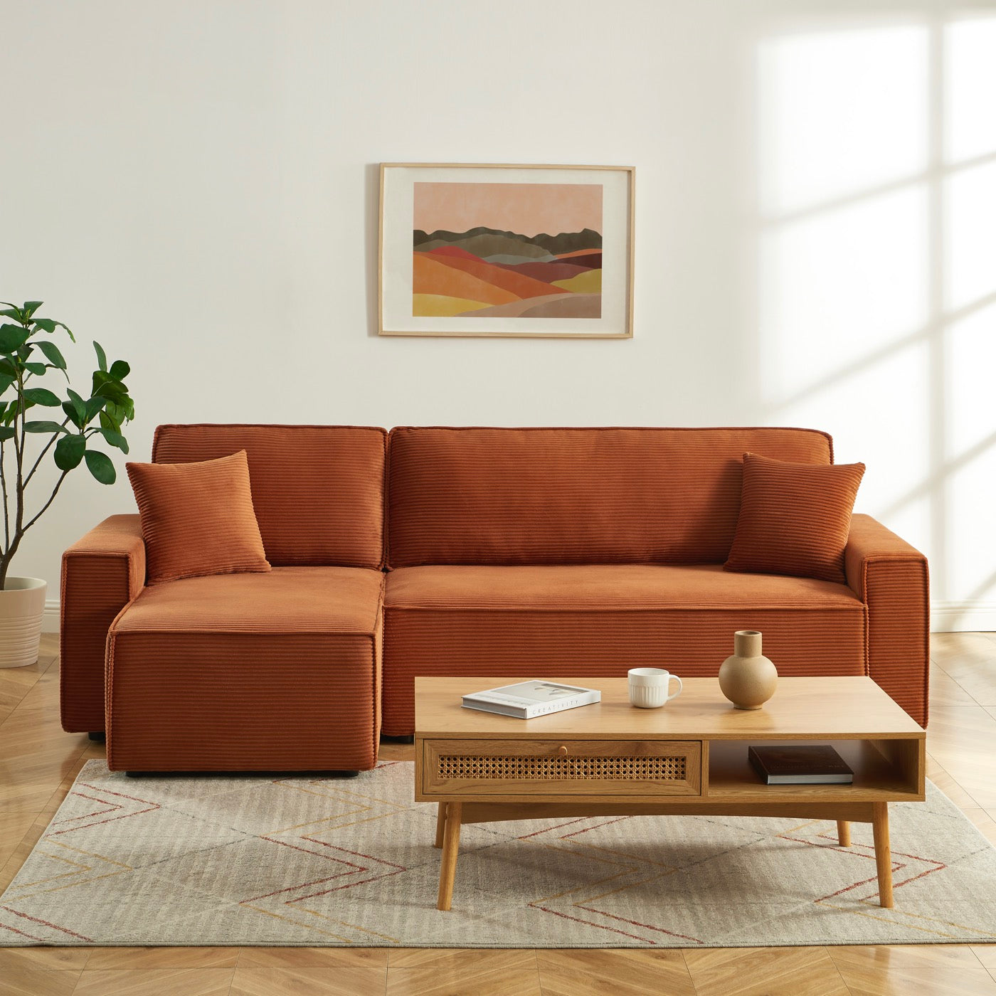 Zola - Canapé D'Angle Convertible Et Réversible 4 Places - Velours Côtelé Terracotta