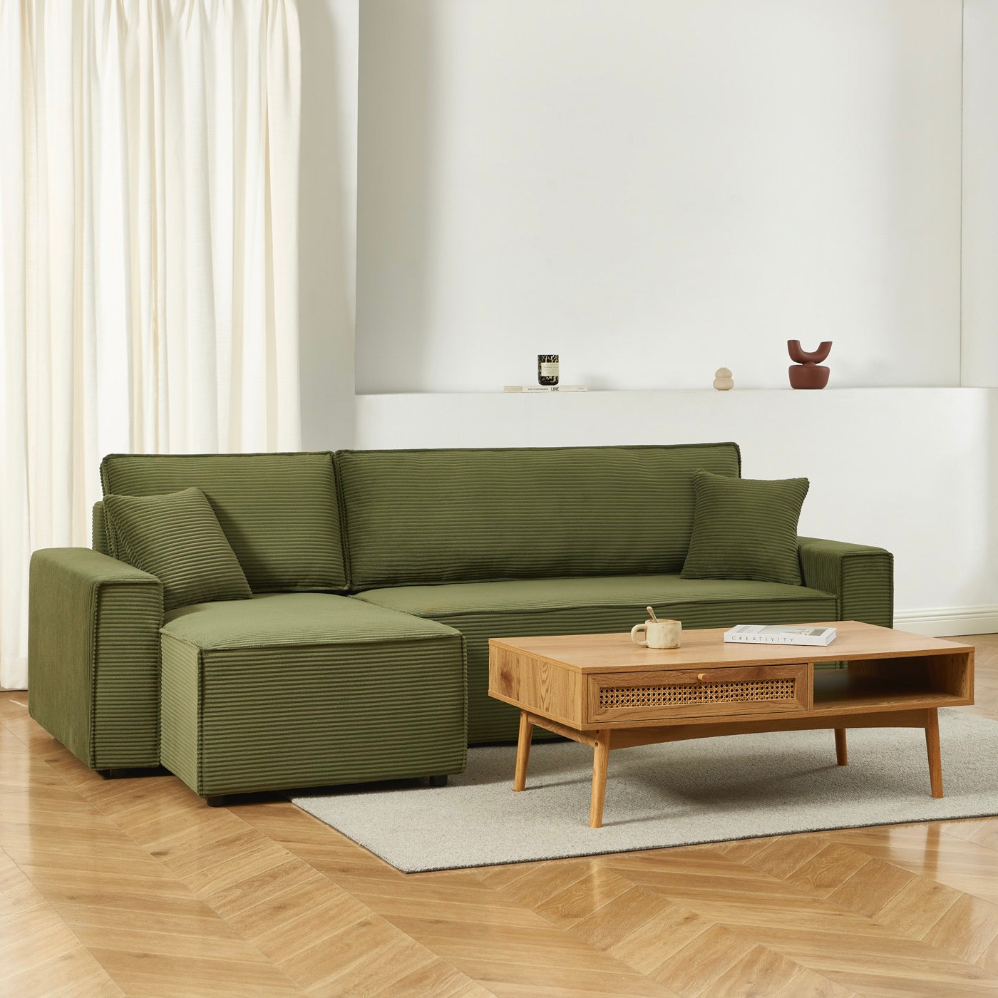 Zola - Canapé D'Angle Convertible Et Réversible 4 Places - Velours Côtelé Vert