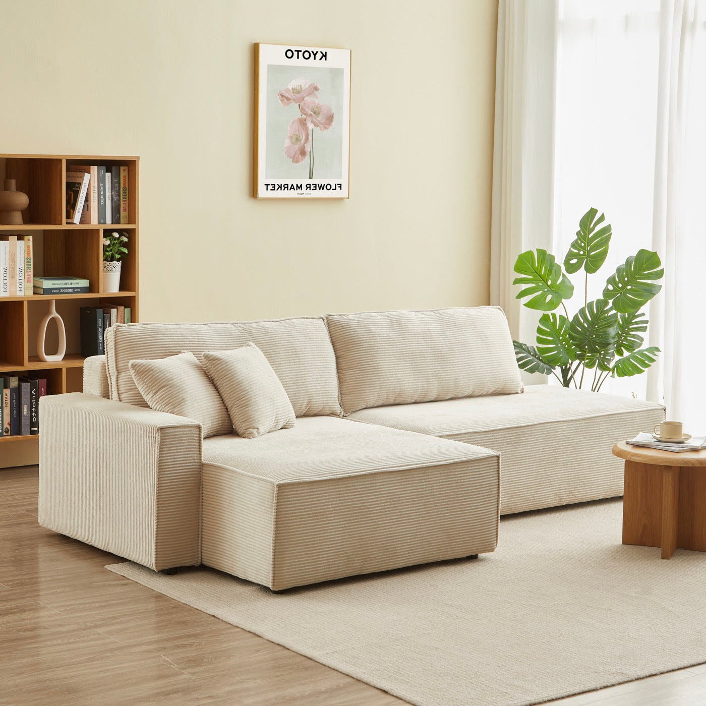 Zola - Canapé D'Angle Gauche Ouvert Convertible 4 Places - Velours Cotelé Beige