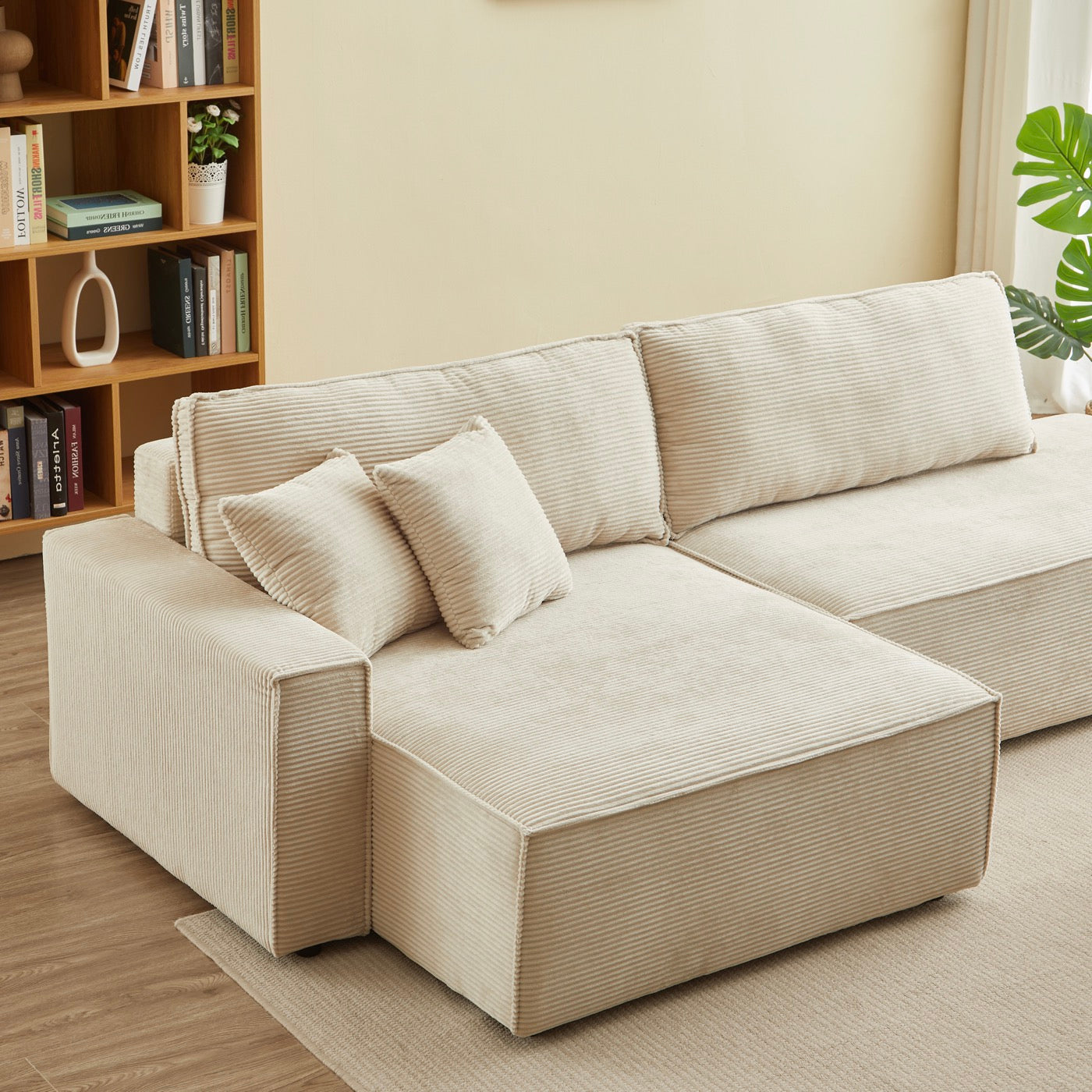 Zola - Canapé D'Angle Gauche Ouvert Convertible 4 Places - Velours Cotelé Beige