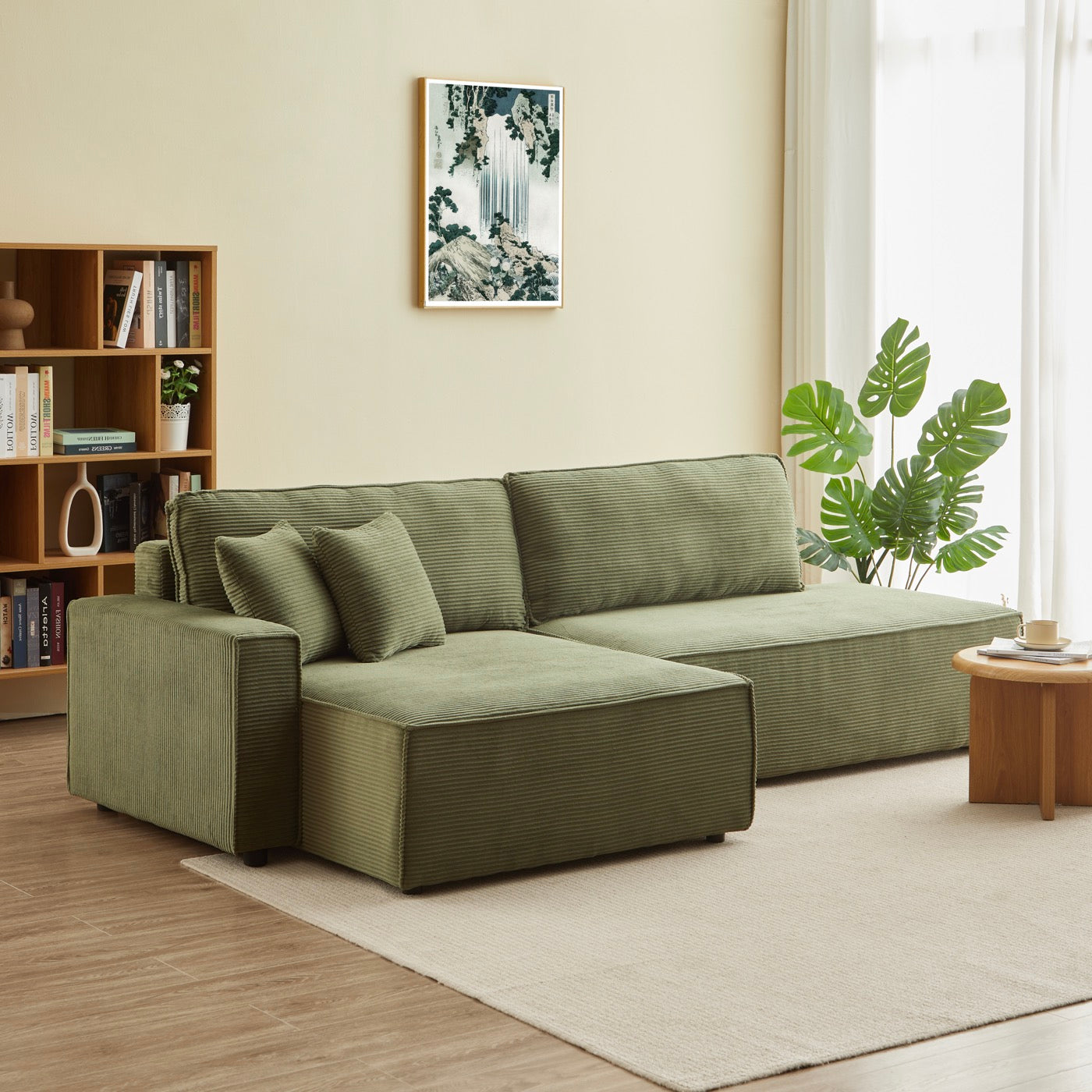 Zola - Canapé D'Angle Gauche Ouvert Convertible 4 Places - Velours Cotelé Vert