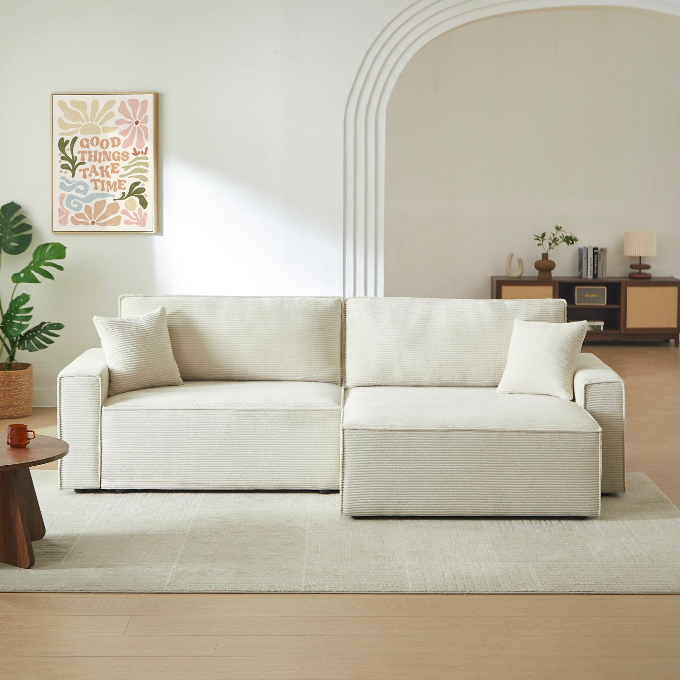 Zola - Canapé D'Angle Convertible Et Réversible 4 Places - Velours Côtelé Beige