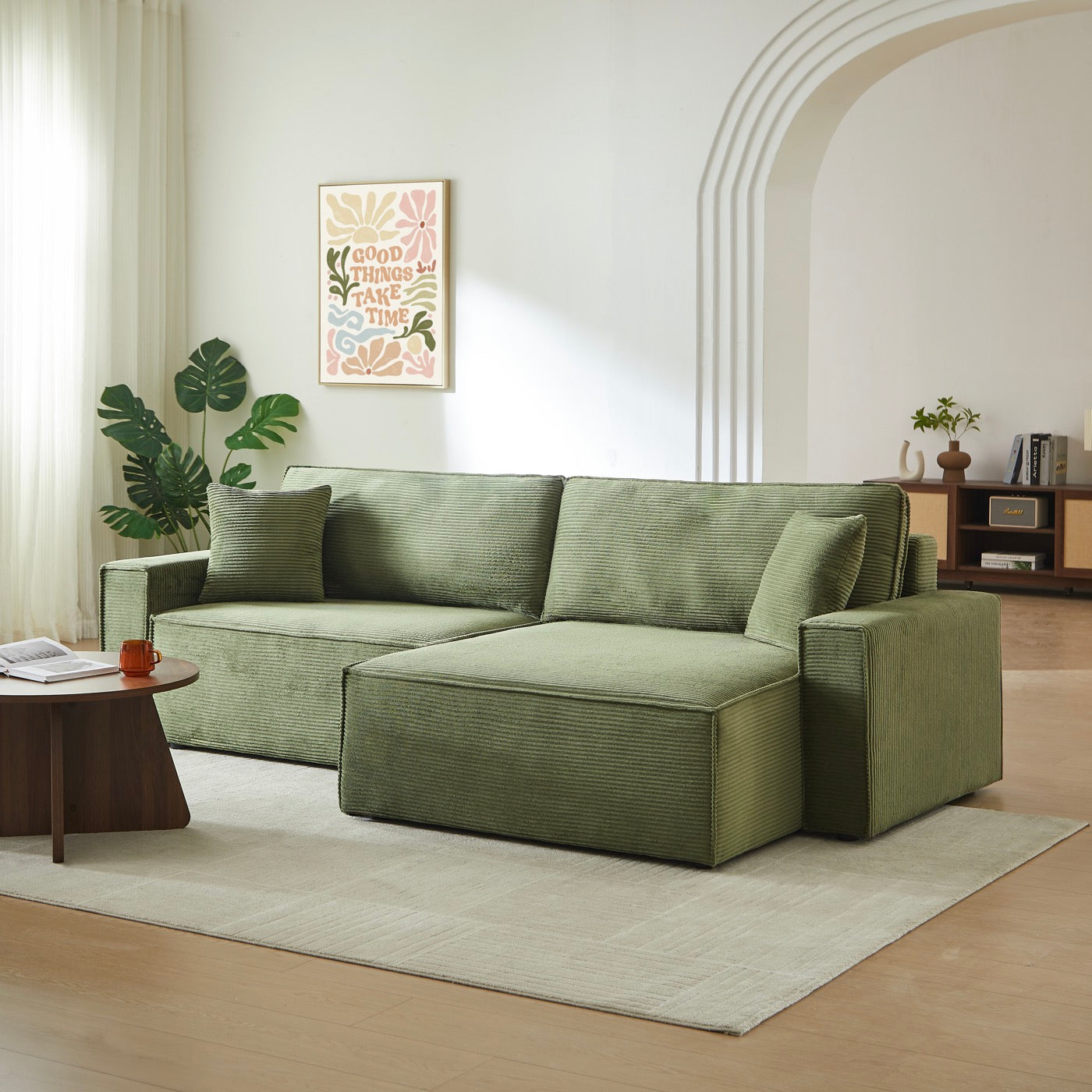 Zola - Canapé D'Angle Convertible Et Réversible 4 Places - Velours Côtelé Vert
