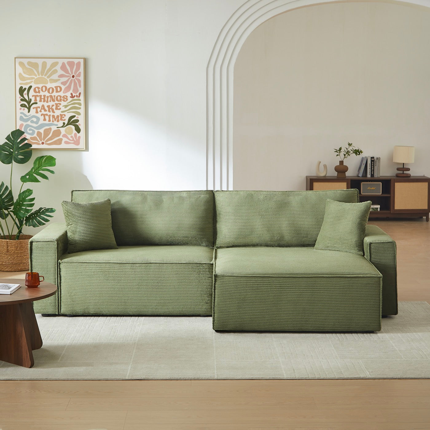 Zola - Canapé D'Angle Convertible Et Réversible 4 Places - Velours Côtelé Vert