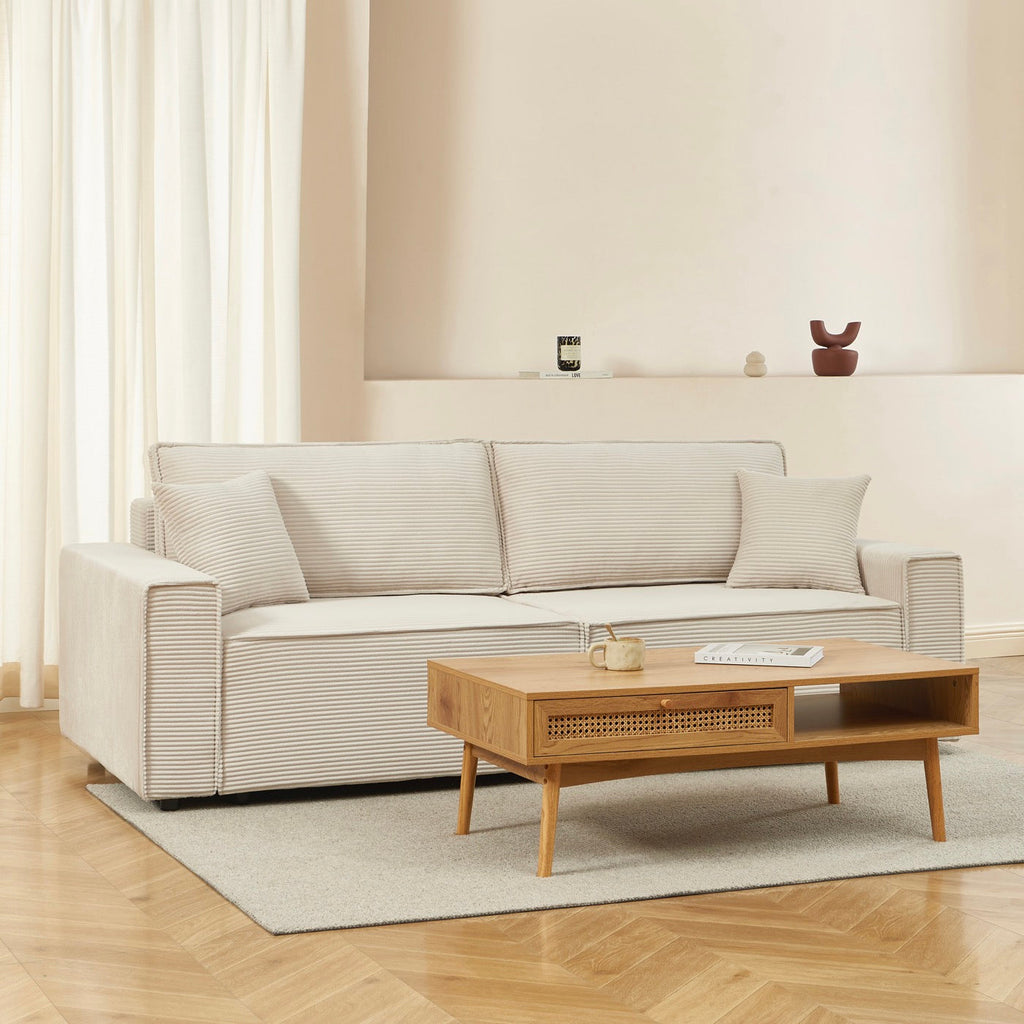Zola - Canapé Droit Convertible 3 Places - Velours Côtelé Beige
