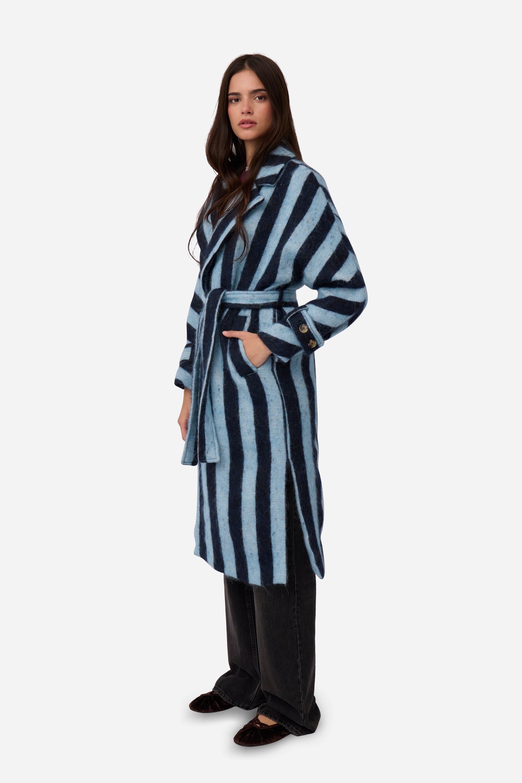 Manteau D'Alpaga À Rayures Bleues
