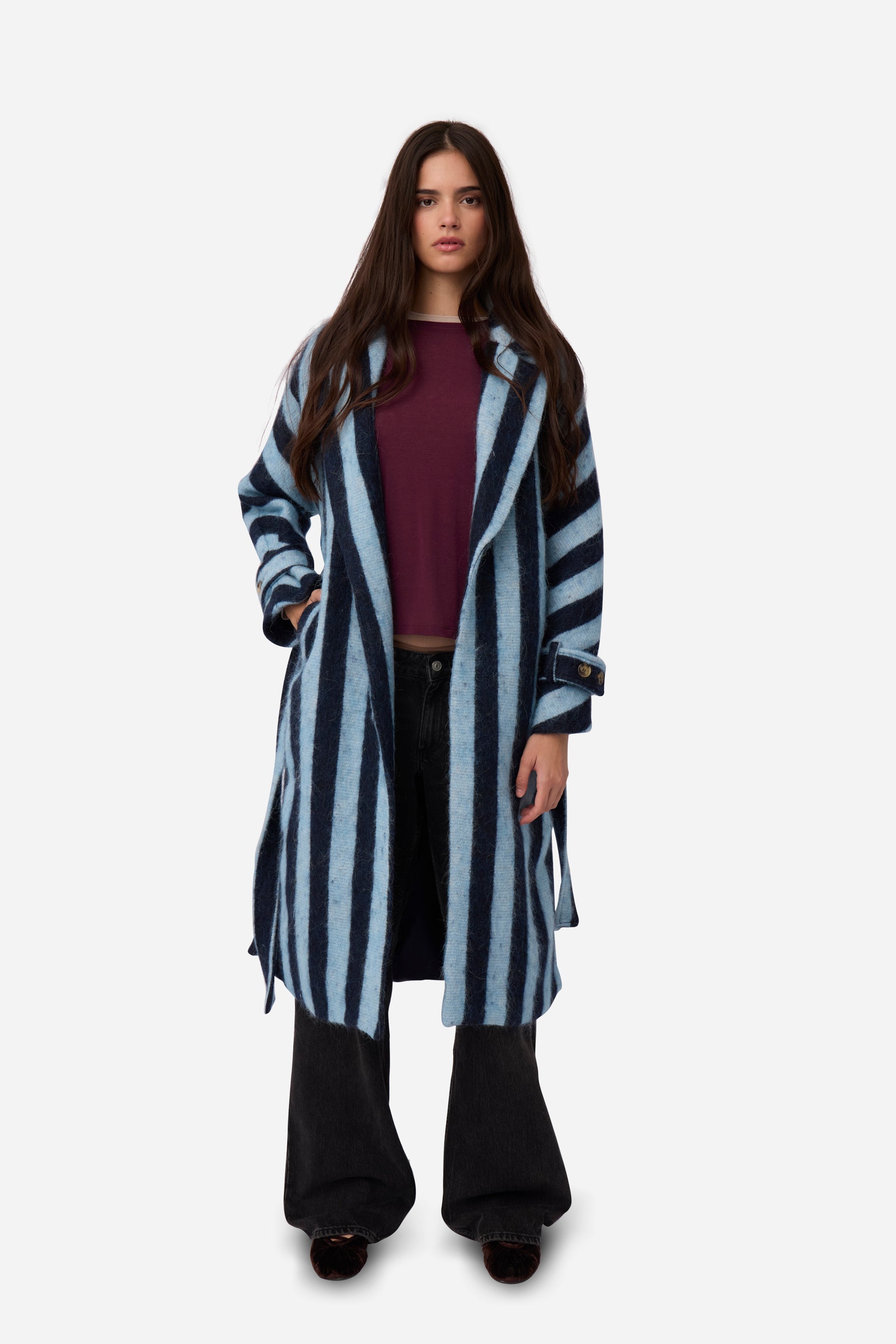 Manteau D'Alpaga À Rayures Bleues