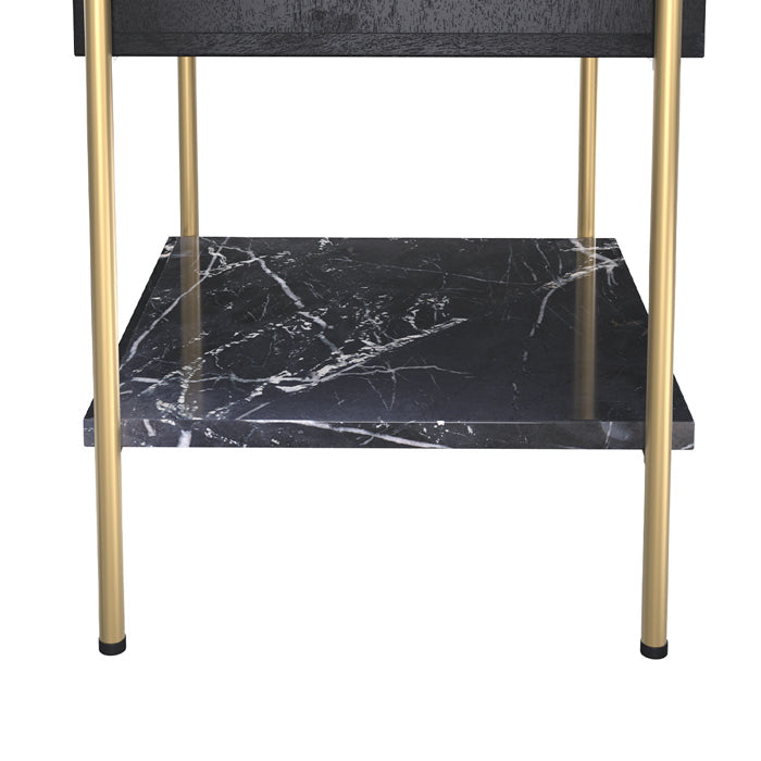 achat table de chevet un tiroir bois de manguier noir et pieds dore