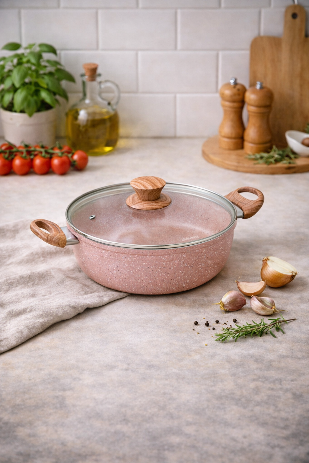 Casserole 24 CM - Stonerose - Avec Couvercle Et Poignée En Bois