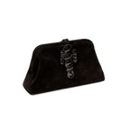 Alessa Black Pouch Bag featuring an intricate thread-wrapped coin design and tassel for an elegant touch.