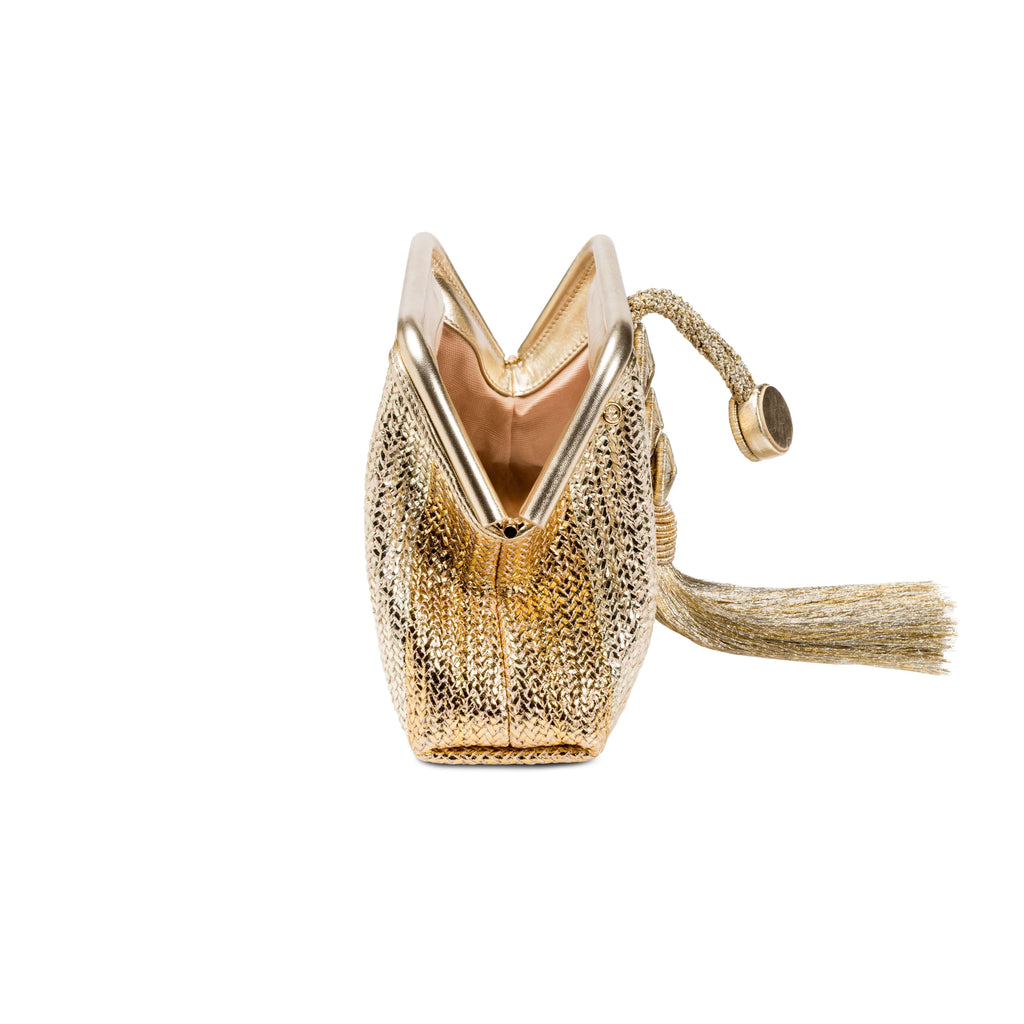 Alessa Gold Silver Pouch Bag showcasing a stylish, textured design with a tassel and a sleek gold finish.