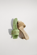 Almeria avocado mid-heel sandals showcasing open toe and braided strap design in green and beige leather.