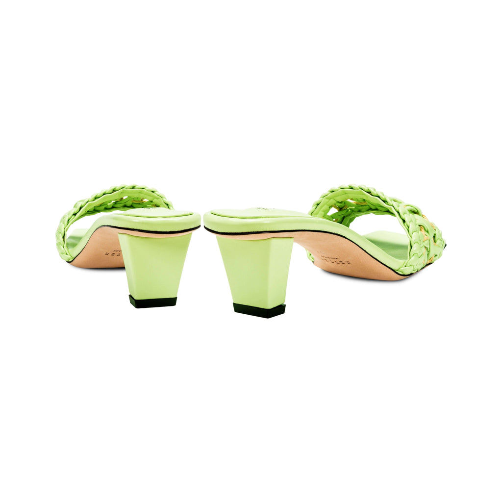 Back view of Almeria mid-heel sandals in avocado leather with stylish braided straps and contemporary block heel design.