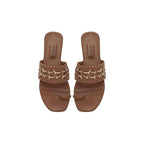 Almeria Camello Flat Toe Sandal in leather and raffia, featuring a stylish woven design in natural tones.