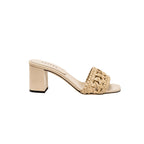 Almeria Nude Block-Heel Sandal featuring a woven strap and comfortable block heel, crafted from supple leather.