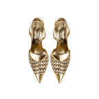 Almeria Sahara high-heel slingback pumps with woven metallic design in gold, perfect for elevating any outfit.
