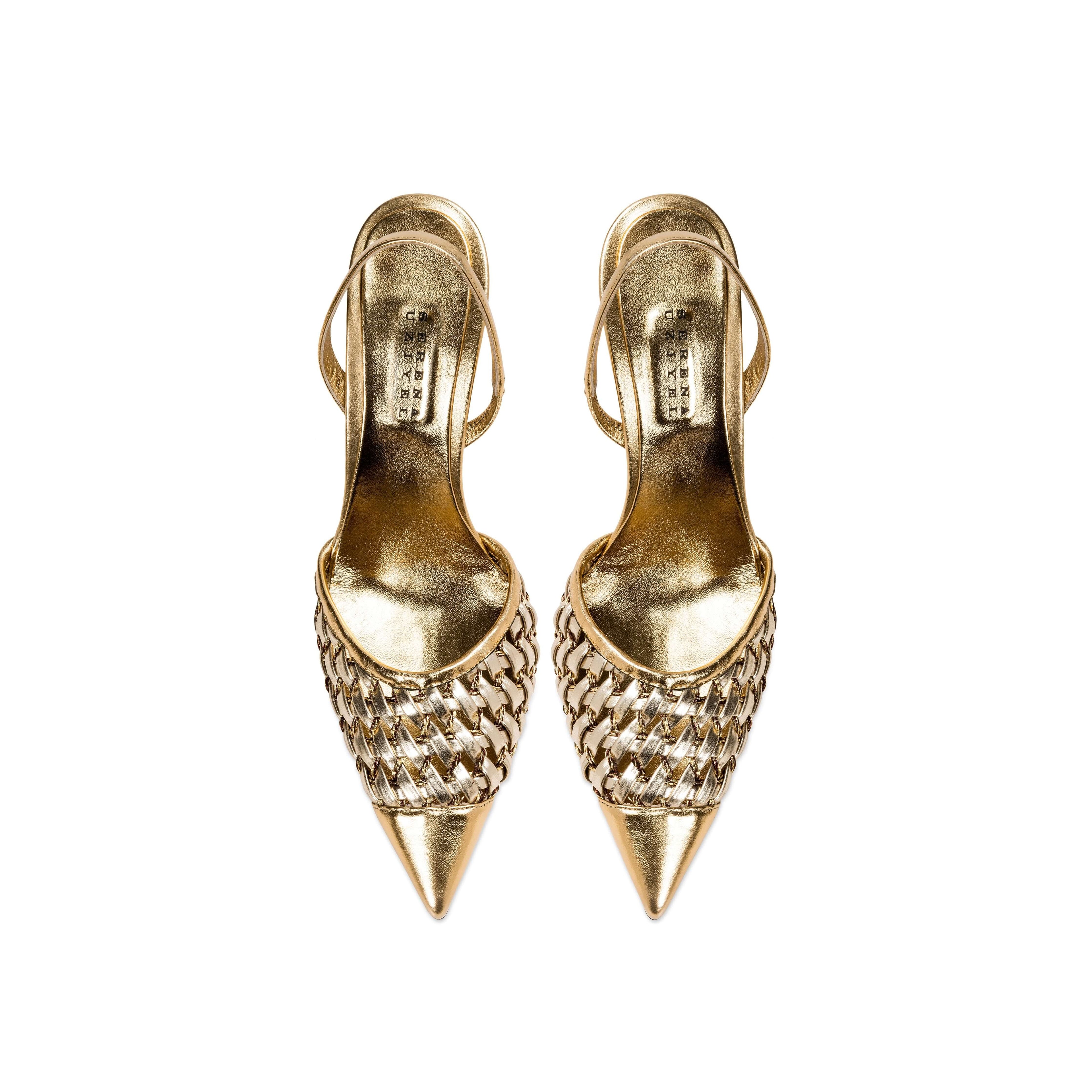 Almeria Sahara high-heel slingback pumps with woven metallic design in gold, perfect for elevating any outfit.