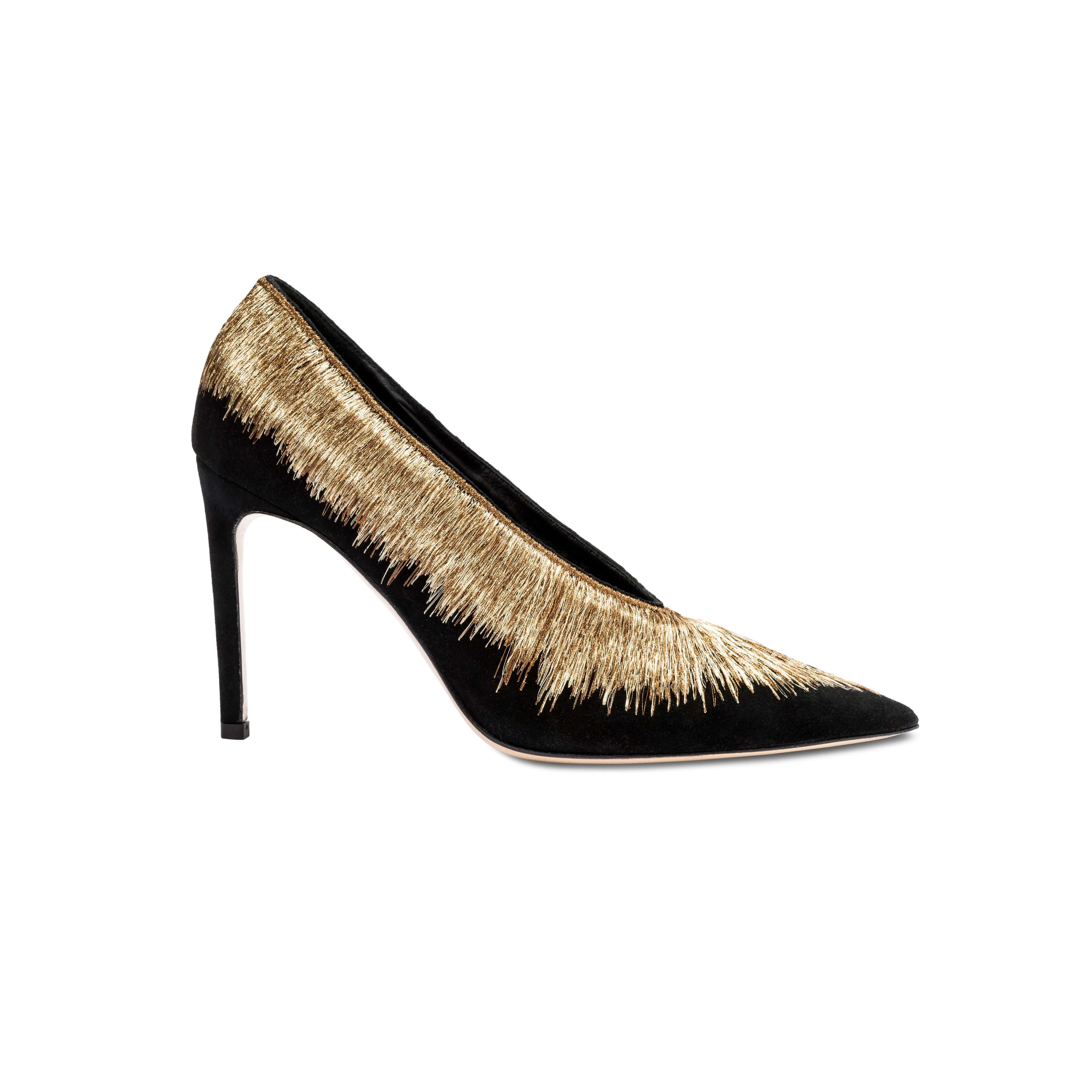 Arinna Black High-Heel Pump with shimmering golden embellishments and a pointed toe, crafted from smooth suede.