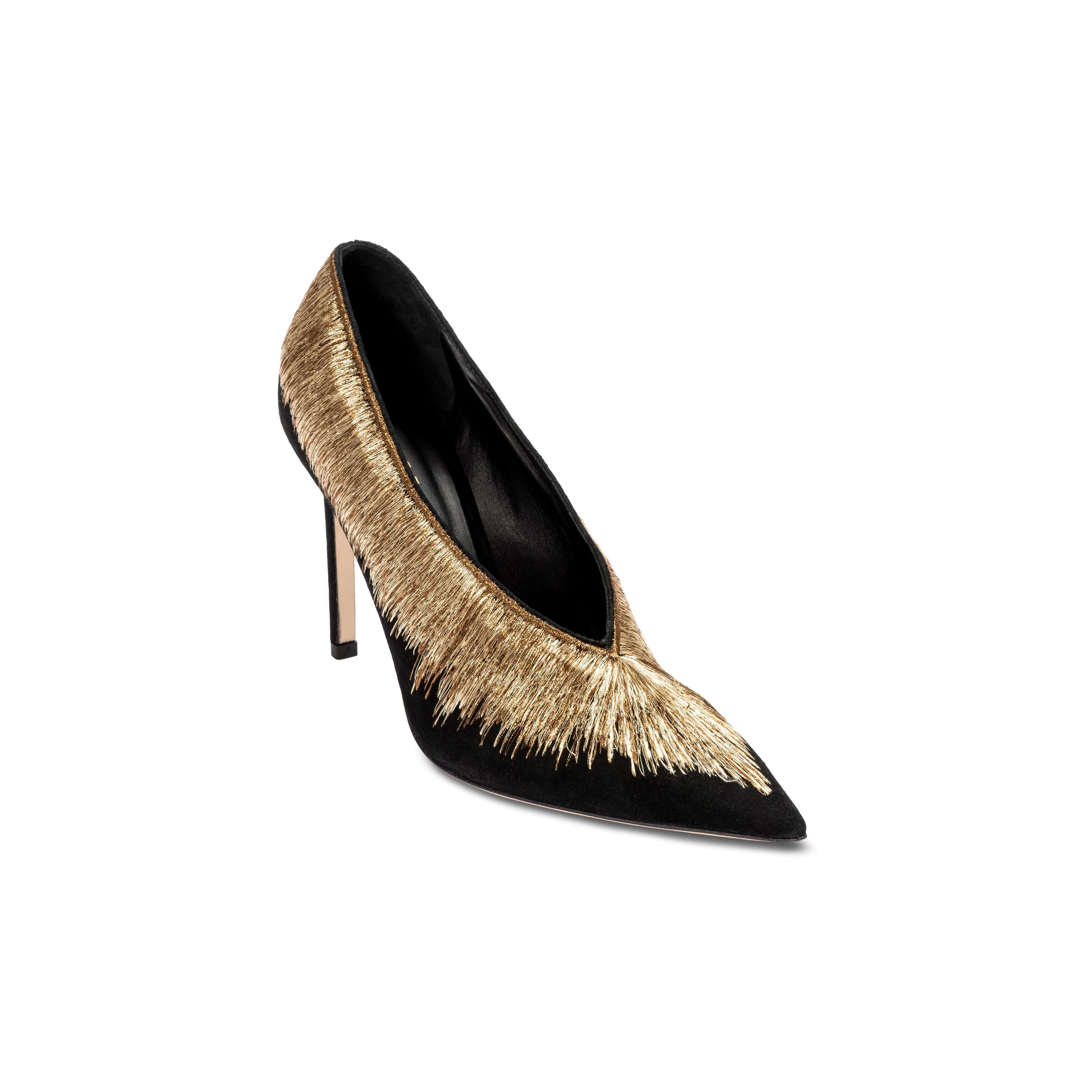 Elegant Arinna Black High-Heel Pump with gold embellishments, crafted in Italy, featuring a pointed toe and 90mm stiletto heel.