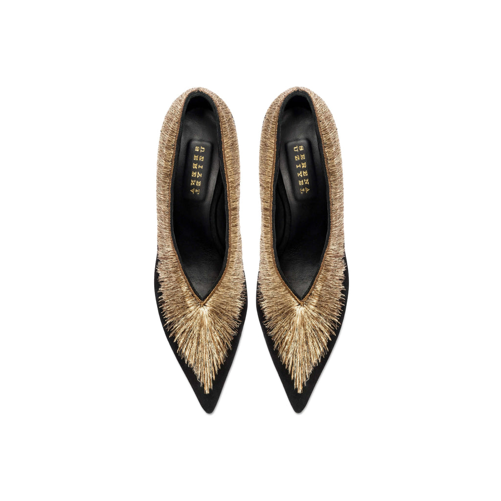 Arinna Black High-Heel Pump with shimmering gold embellishments and pointed toe, crafted in Italy.