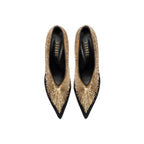 Arinna Black High-Heel Pump with shimmering gold embellishments and pointed toe, crafted in Italy.