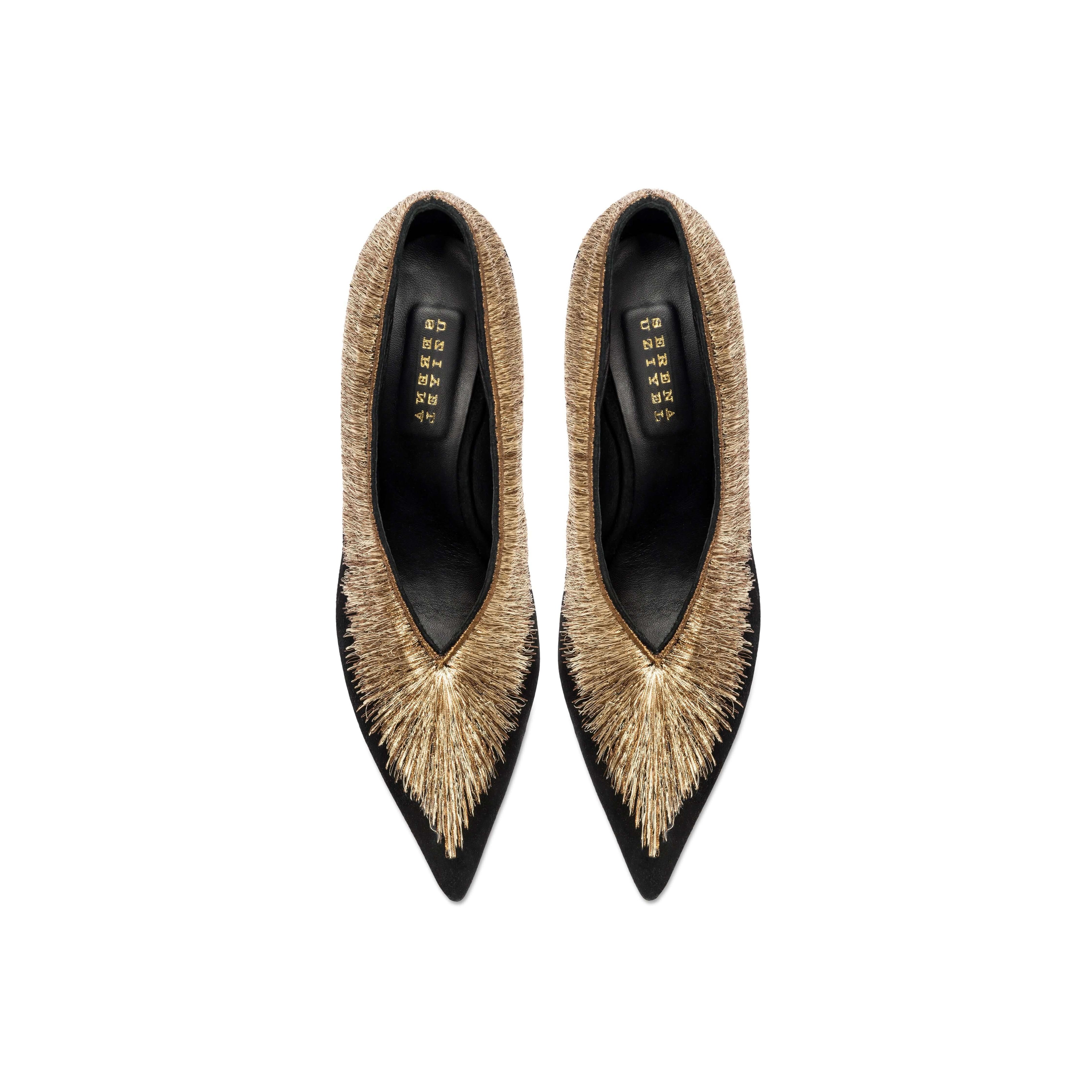 Arinna Black High-Heel Pump with shimmering gold embellishments and pointed toe, crafted in Italy.