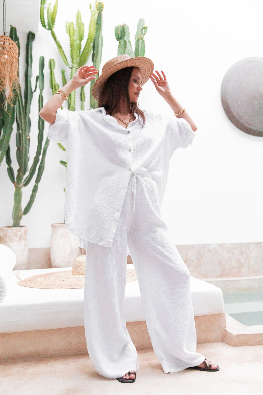 ASIANNA Blanc - Pantalon Gaze De Coton