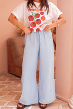 ASIANNA Bleu Ciel - Pantalon Gaze De Coton