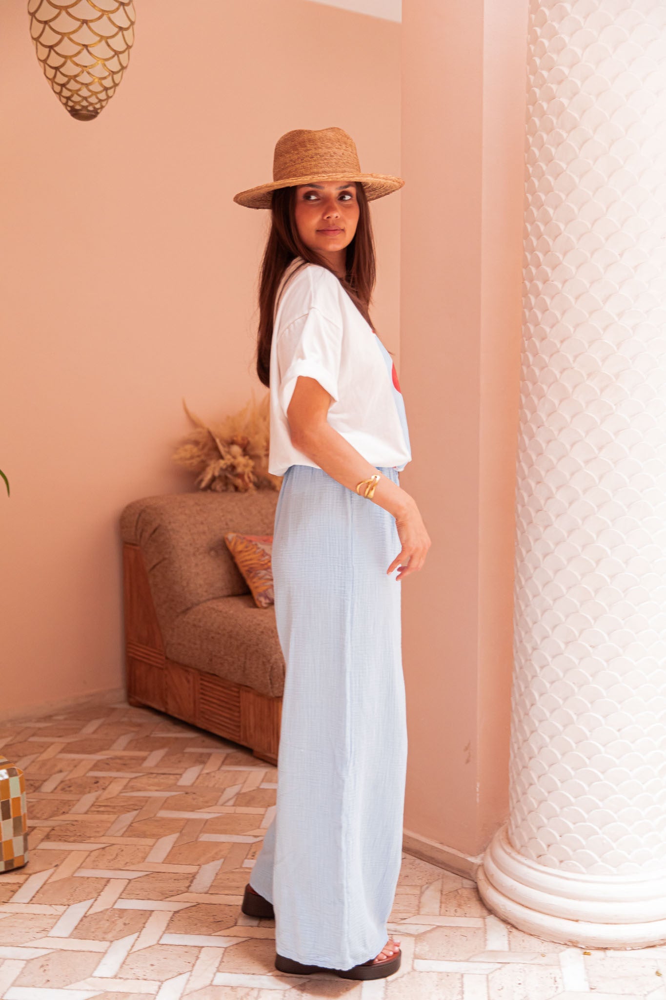 ASIANNA Bleu Ciel - Pantalon Gaze De Coton