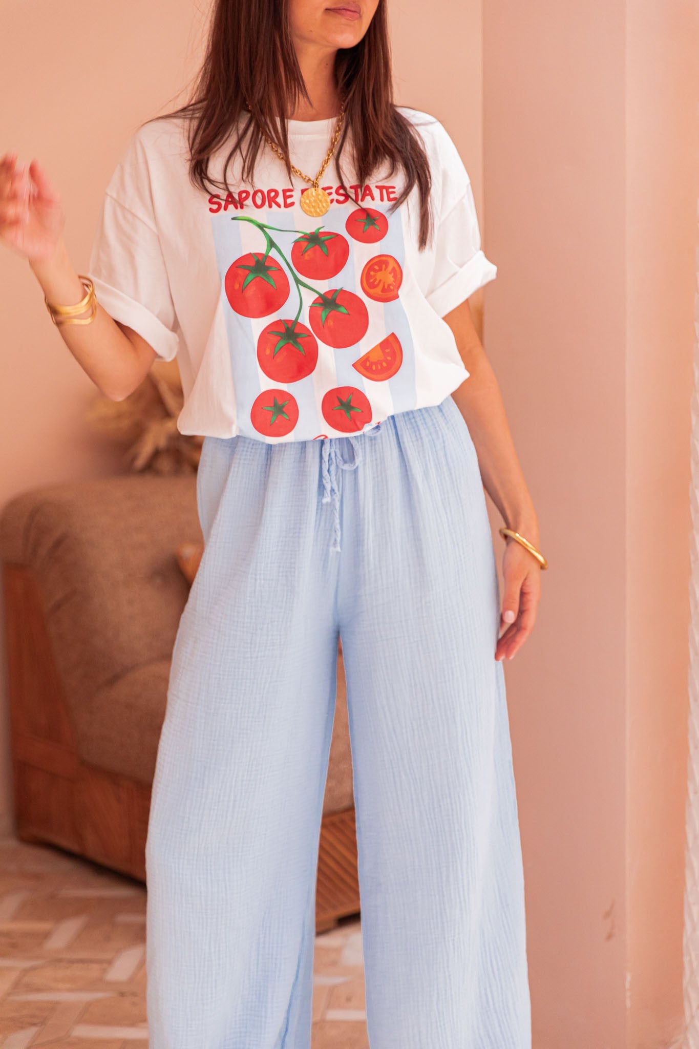 ASIANNA Bleu Ciel - Pantalon Gaze De Coton