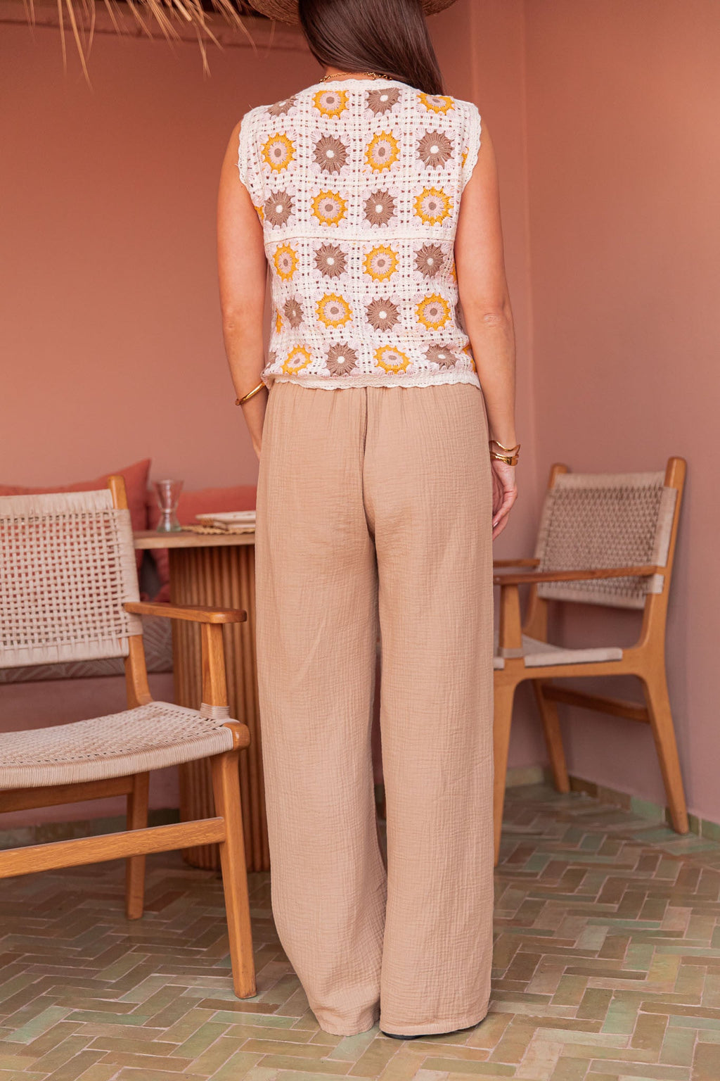 ASIANNA Camel - Pantalon Gaze De Coton
