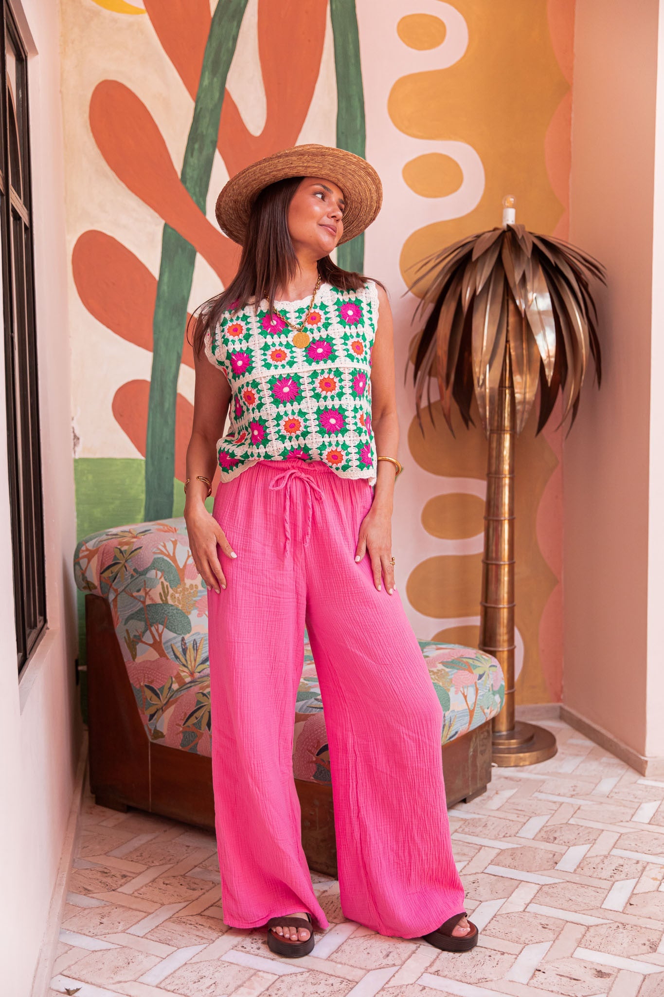 ASIANNA Fuchsia - Pantalon Gaze De Coton