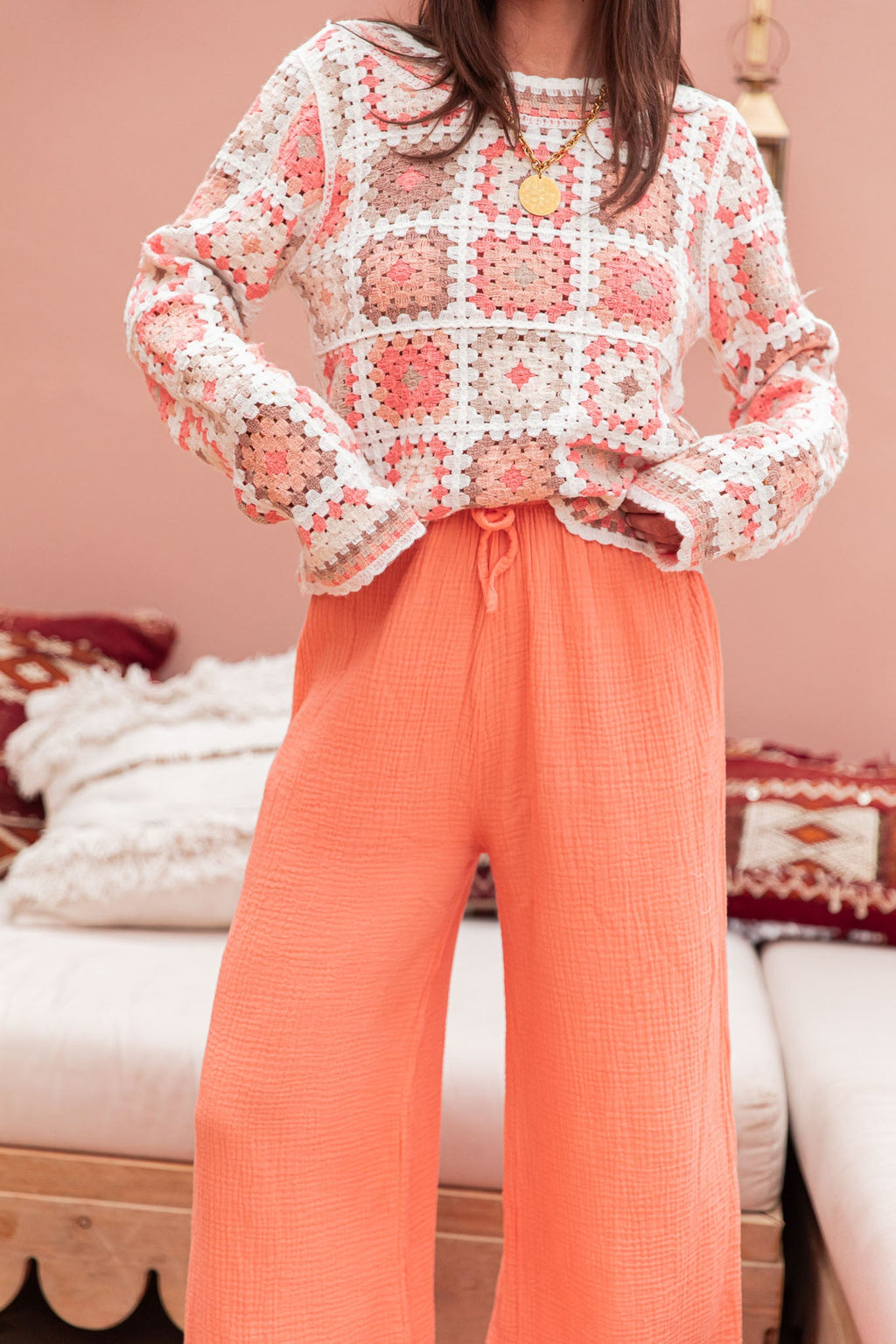 ASIANNA Orange - Pantalon Gaze De Coton
