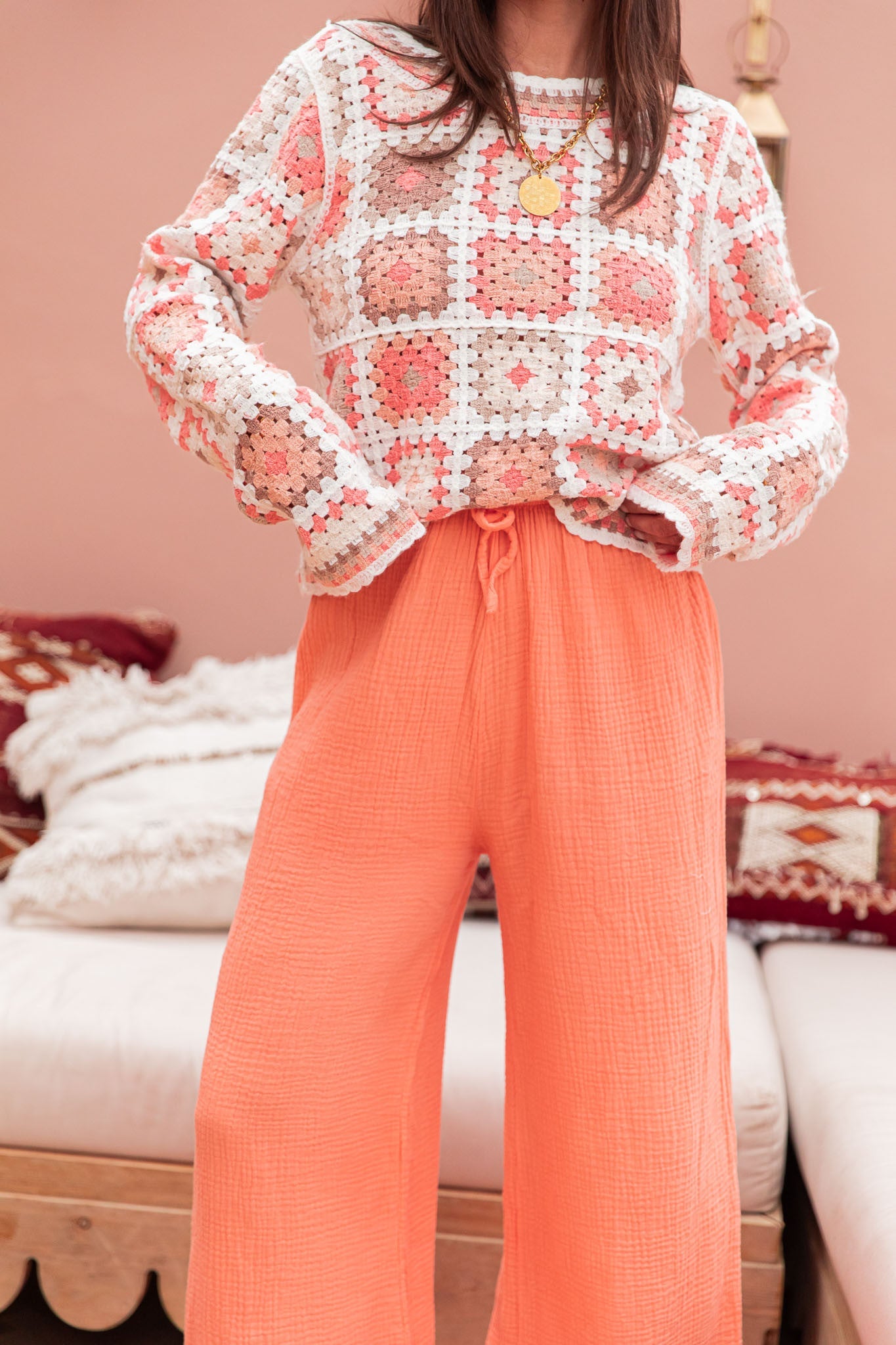 ASIANNA Orange - Pantalon Gaze De Coton