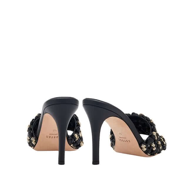 Sleek Aurnia black high-heel sandal with stylish woven design, showcasing elegant curves from the back view.