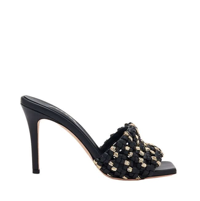 Aurnia black high-heel sandals featuring a chic woven design with gold accents, perfect for stylish occasions.