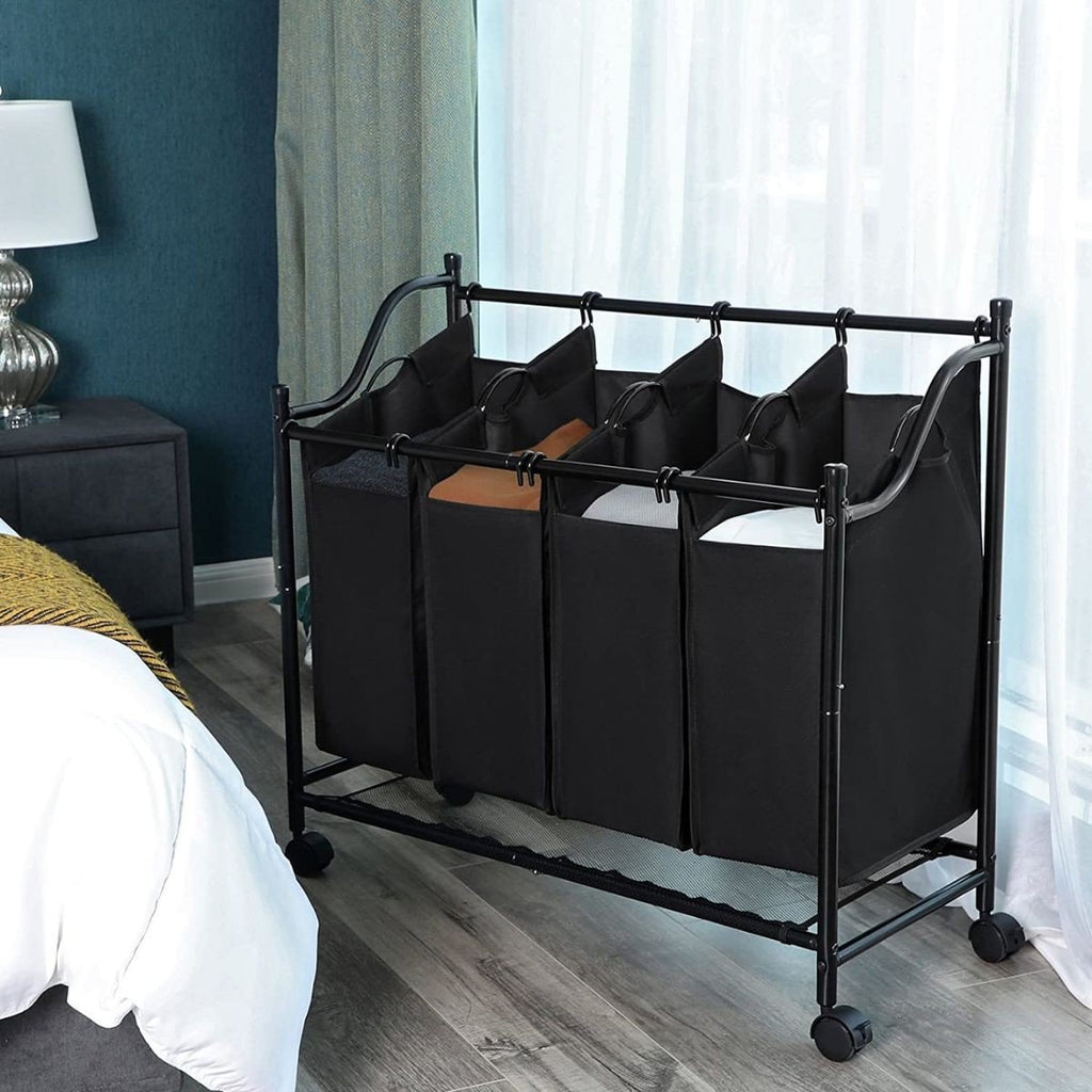 Bac À Linge Avec 4 Sacs Amovibles Noirs Sur Roulettes - L87,5 cm - Gris
