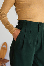 vegan microcorduroy green pants with front pleats
