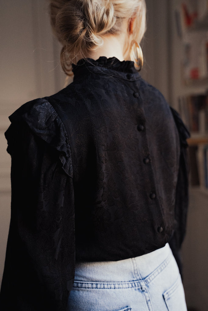 Blouse Cora Noir Jacquard Fleurs - Noir