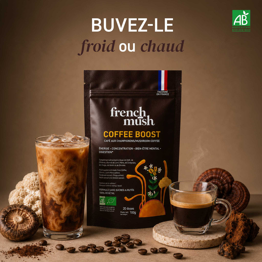 French Mush compléments alimentaires à base d'extraits de champignons médicinaux biologiques fabriqués en France Boisson Boost Bio · Café - boisson -