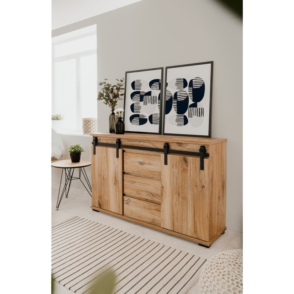Buffet 2 Portes Coulissantes Et 3 Tiroirs Centraux L140cm - Manzano - Décor Bois