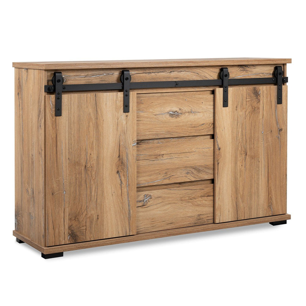 Buffet 2 Portes Coulissantes Et 3 Tiroirs Centraux L140cm - Manzano - Décor Bois