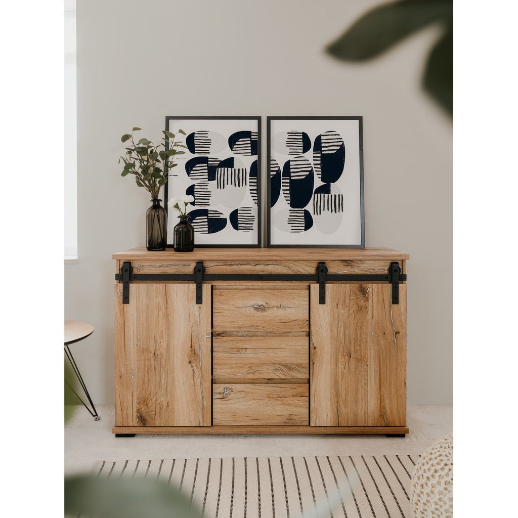 Buffet 2 Portes Coulissantes Et 3 Tiroirs Centraux L140cm - Manzano - Décor Bois