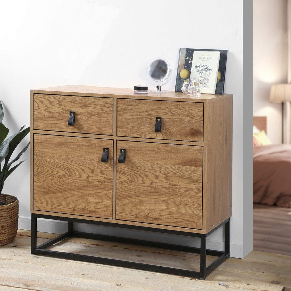 Buffet Industriel 2 Portes 2 Tiroirs Décor Bois L90 cm - Jill - Décor Bois